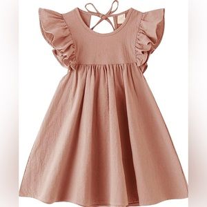 Mauve pink cotton dress with ruffle sleeve and keyhole back.